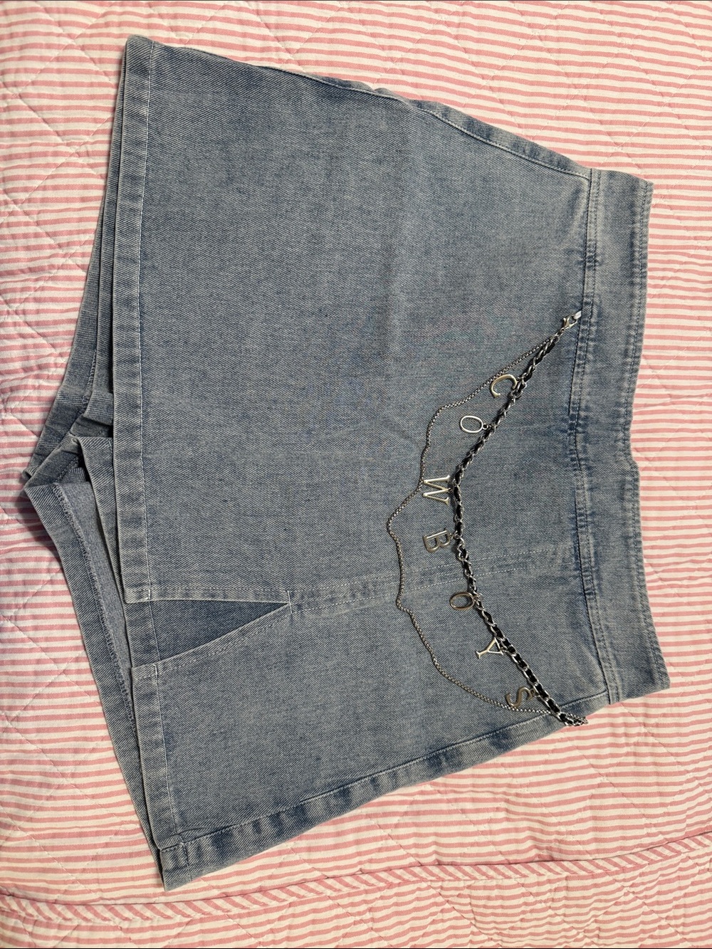 Moschino Light Blue Denim Skort with Logo Chain